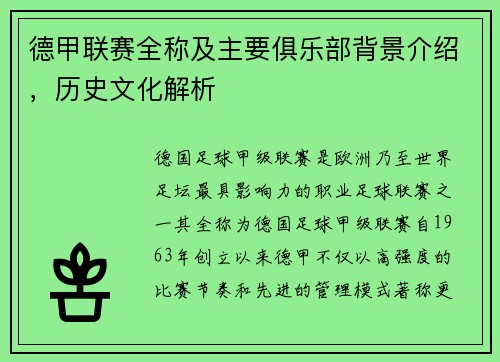 德甲联赛全称及主要俱乐部背景介绍，历史文化解析